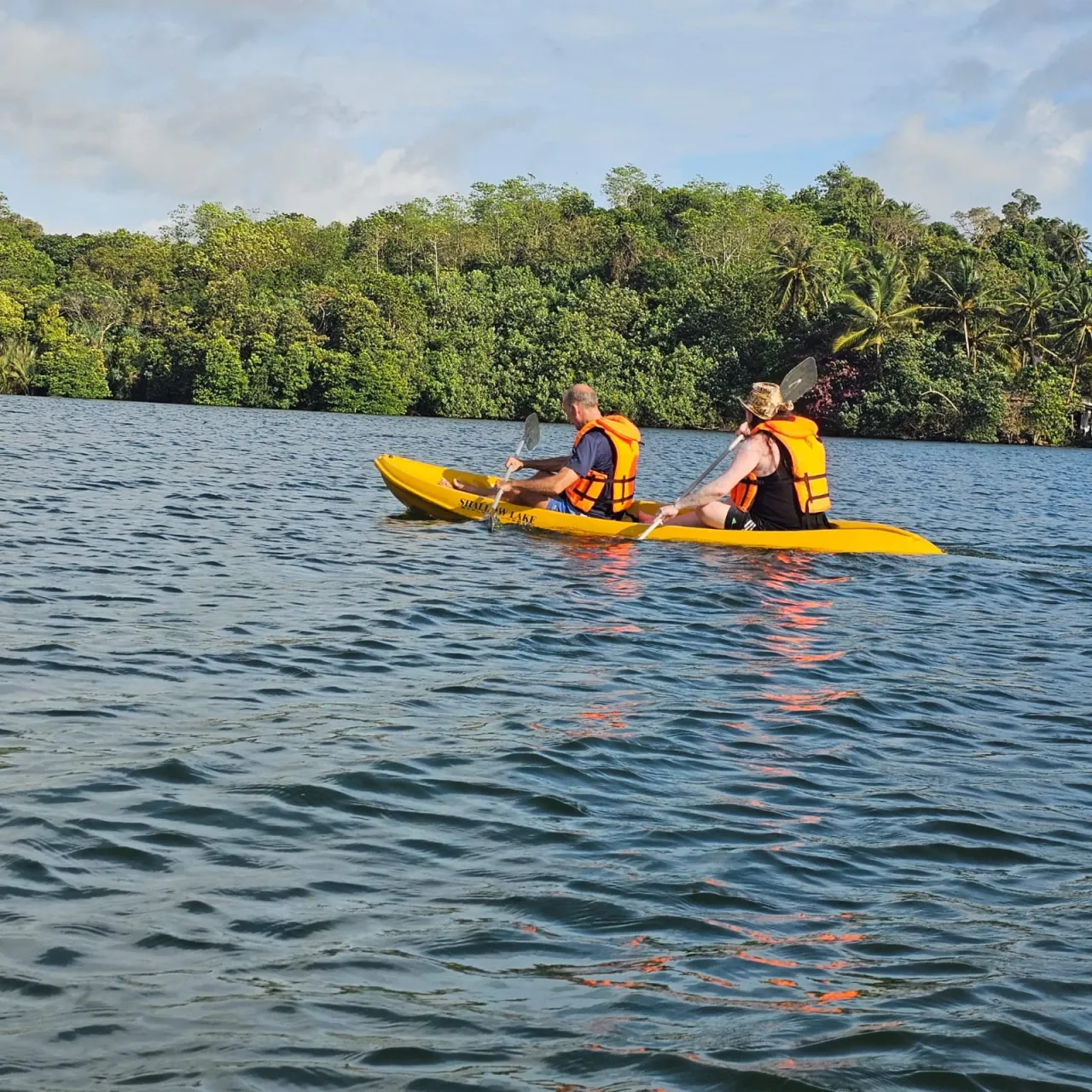 Two paddlers in a yellow kayak gliding past the palm-fringed shores of Rathgama Lagoon