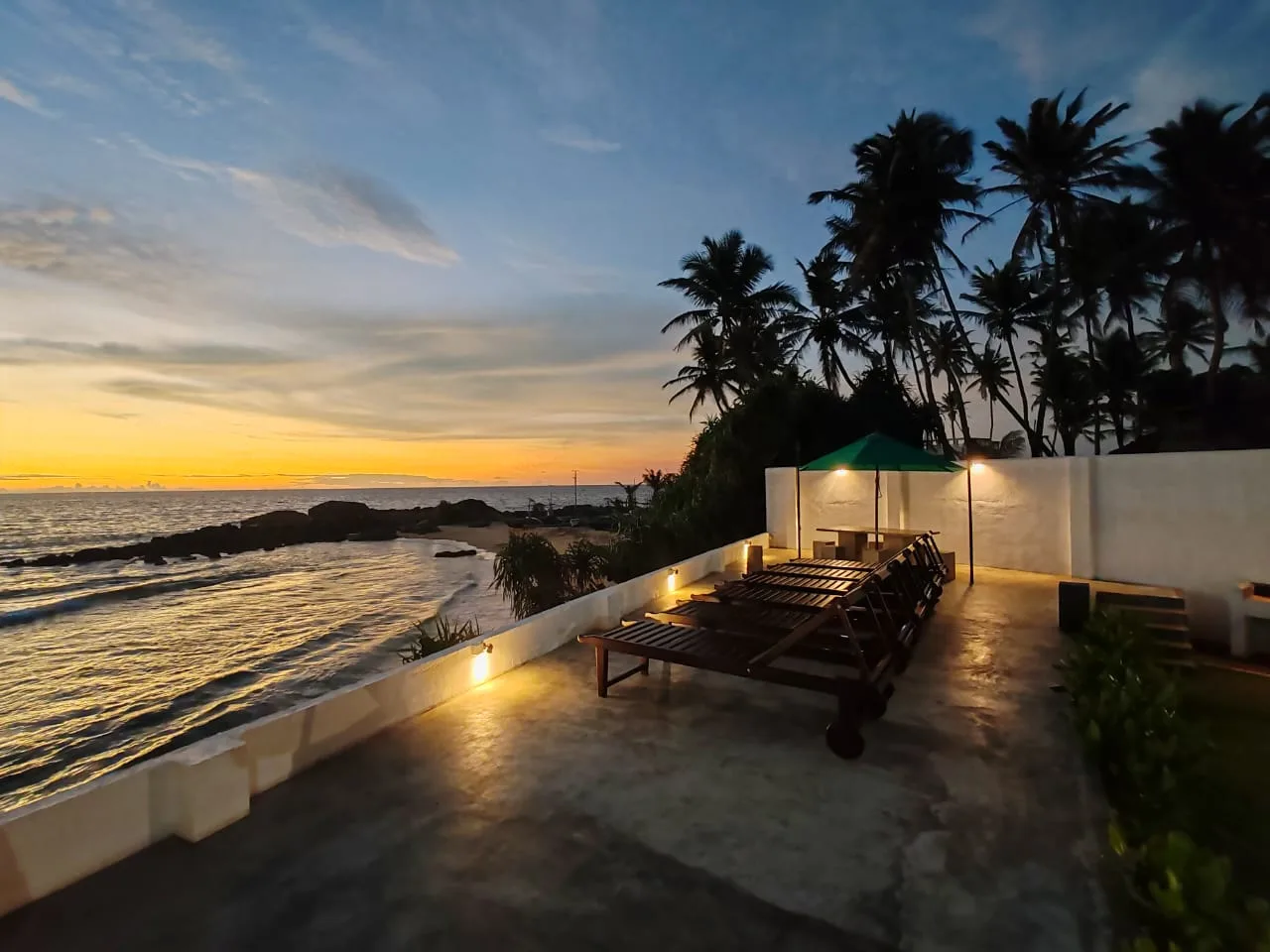 Villa One 64 garden with coconut trees, sunbeds, and ocean view